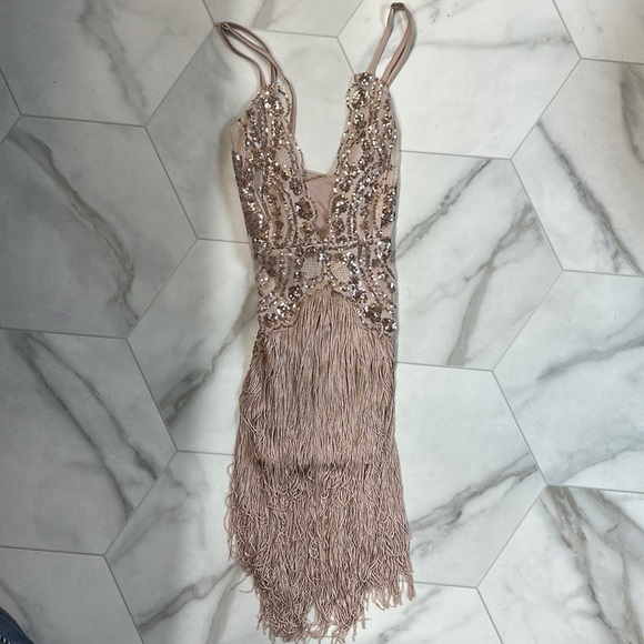 Luxxel Pants - Rose Gold Sequin Fringe Romper S
